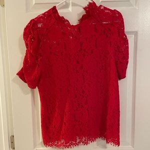 Red puff sleeve lace blouse